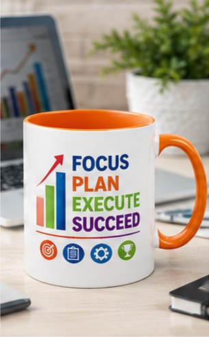 Focus Plan Execute custom business mug — orange